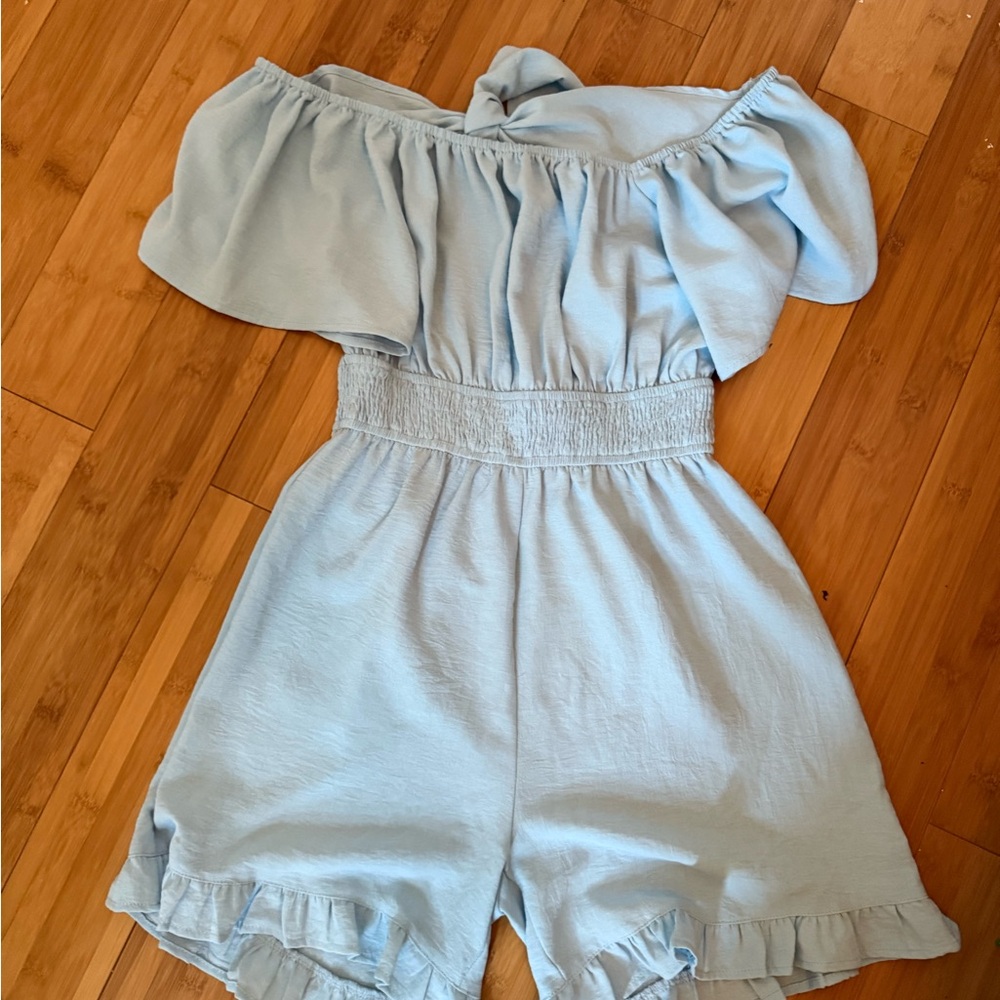 Girls Light Blue Off-Shoulder Romper